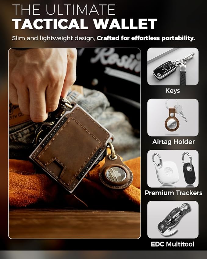 LORZOR Slim Tactical Wallet for Men- Minimalist Front Pocket Full Grain Leather Wallet for 10 Cards, RFID Blocking Aluminum Cardholder, Smart Pop Up Card Case, Money Clip, Gift Boxed(DistressBrown)