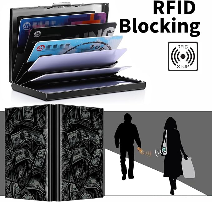 Metal Wallet for Women Men Girls, RFID Blocking Slim Aluminum Credit Card Holder, Mini Travel Wallet with Hard Shell, Lightweight ID & Business Card Case,Dollar Money Art