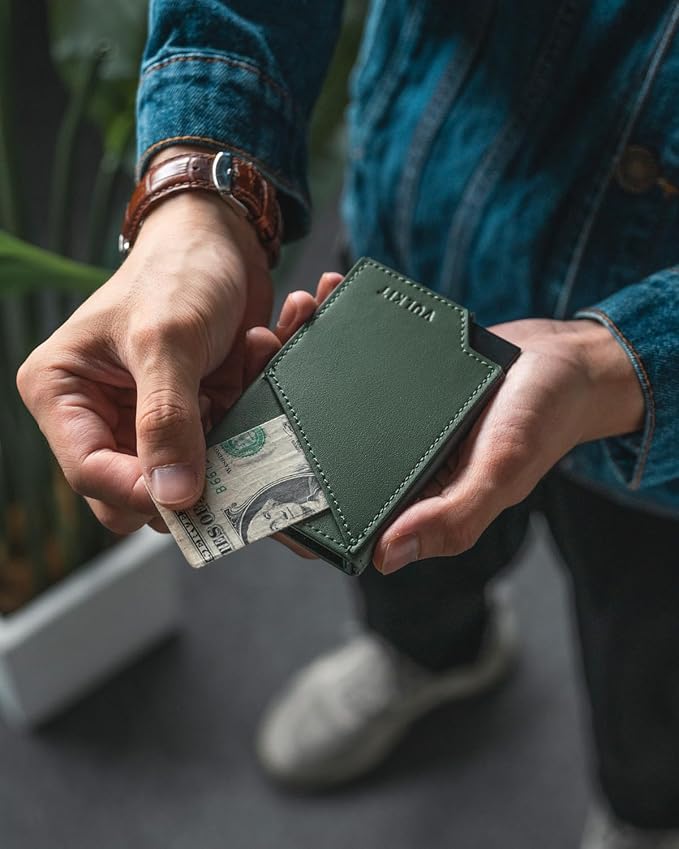 VULKIT Pop up Card Wallet RFID Blocking Slim Aluminum Metal Bank Card Holder Case with Business Money Pocket for Credit Cards Notes and Coins Green