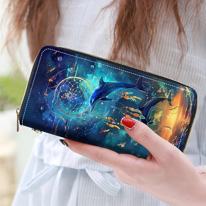 Women's Large Capacity Wallet PU Leather Zip Around Clutch Purse Multifunctional Wallet with Removable Wristlet Strap for Smart Phone/Coin/Card/Cash, Dream Catcher Dolphin