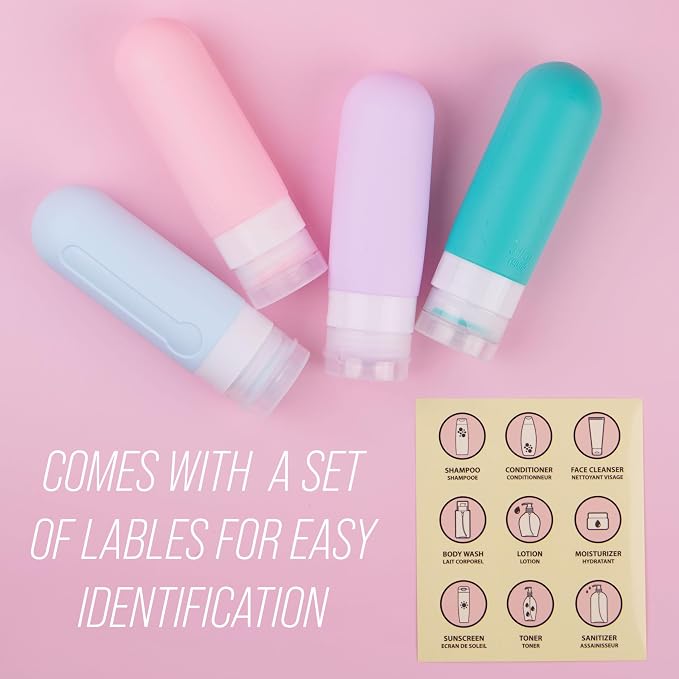 EXPRESSIONS 4pc Refillable Travel Bottles Set – Leakproof Squeeze Bottles with Snap Caps | Toiletry Containers with Labels & Clear Zip Pouch | TSA Approved Travel Bottles for Women & Men