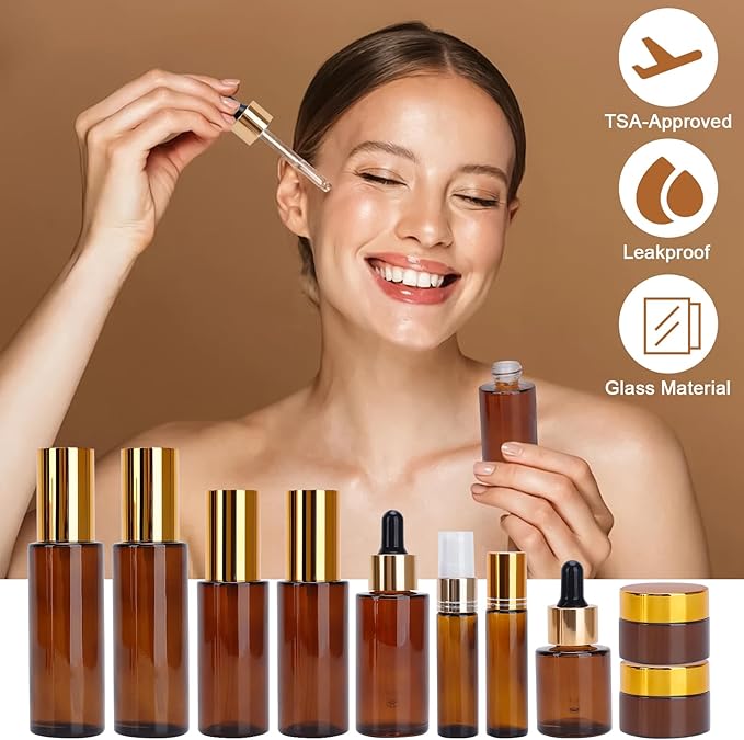26 Pack TSA Approved Glass Travel Skincare Containers, 2/1.7/1.35/0.7/0.5/0.3oz Refillable Traveling Size Containers with Pump, Jars & Essential Oil Bottle, Leak-Proof for Creams & Liquids