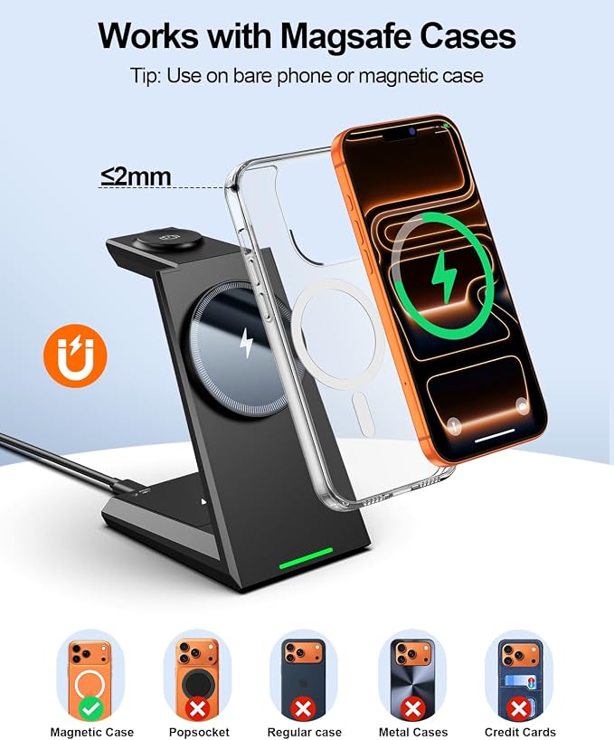 3 in 1 Magnetic Wireless Charging Station - 15W Fast Charging for iPhone 17/16/15/14/13/12, Compatible with MagSafe, for Apple Watch & AirPods, Auto-Dimming Light for Nightstand, Includes 30W Adapter