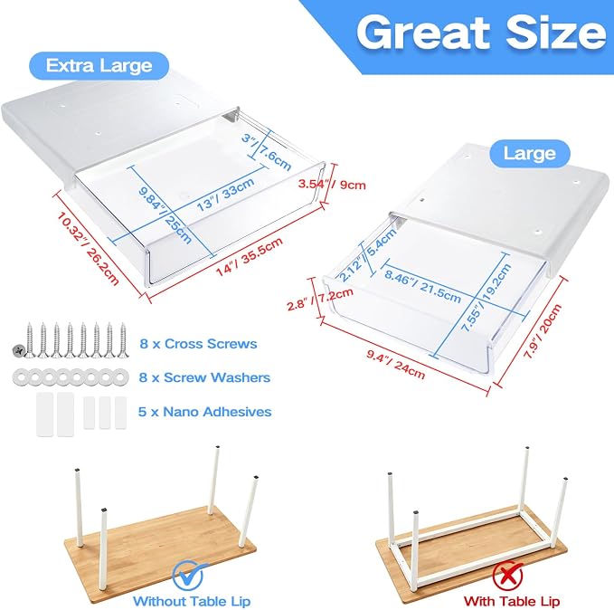 OSPNIEEK Self-adhesive Under Desk Drawer Organizer, 2 Pack Table Hidden Slide Out Large Storage Mounted Desktop Pencil Holder Tray Drawers for Office Home School Stationery Kitchen (XL+L, White)