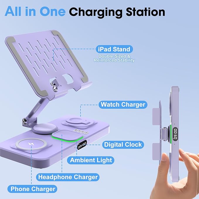 6 in 1 Wireless Charger for Apple Multiple Devices, Charging Station with Clock &7 Color Ambient Light, Foldable Rotate Stand for iPad, for iPhone17/16/15, Support for Apple Watch11/10 for AirPods4
