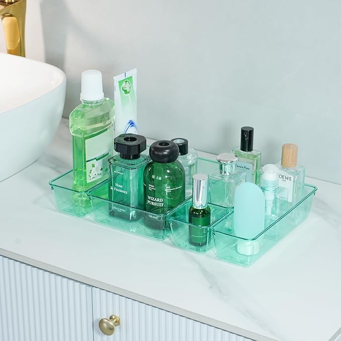 Kitchen Desk Drawer Organizers Storage for Office, Small Acrylic Vanity Trays Makeup for Drawer Bathroom Plastic Make up Organizers 25 Pcs Green