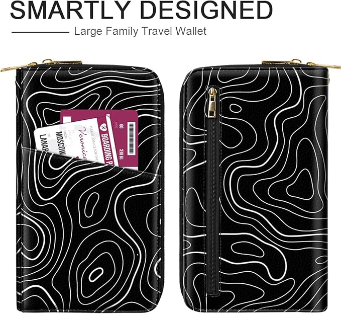 Family Passport Holder Wallet RFID Blocking Document Organizer PU Leather Mulit-purpose Travel Wallet Credit Cards Case for Women Men, Topographic Line