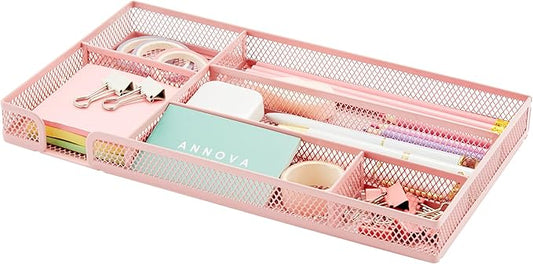 Annova Desk Drawer Organizer Tray for Office Organization - Metal Mesh - Storage Tray with Dividers for Pens, Desktop Accessories, Bathroom, Kitchen, Makeup and Office Supplies (Small, Light Pink)