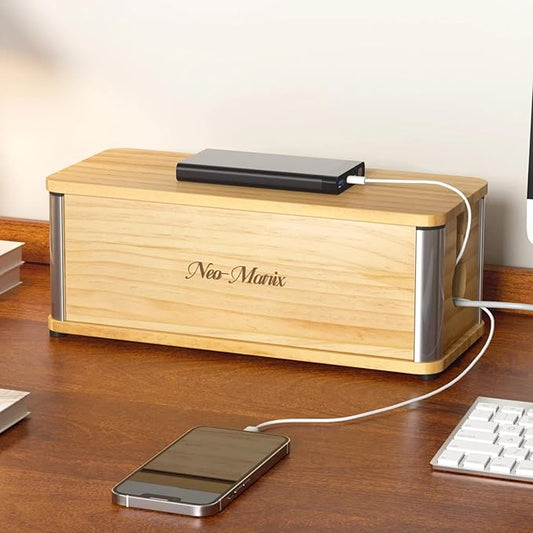 Delamu Wooden Cable Management Box, Retro-Inspired Cord Organizer Box for Home Office, Large Cord Hider Box Hides Cords and Power Strips, Floor Cord Covers, 14.3" x 6.0" x 5.5", Light Wood Color