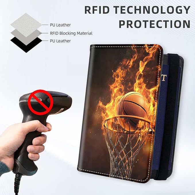 [Basketball in the Fire Ultra-Slim Passport Holder Wallet with Pen Loop, RFID Blocking Faux Leather Travel Passport Cover, Compact Boarding Pass & Card Case Organizer for Women & Men