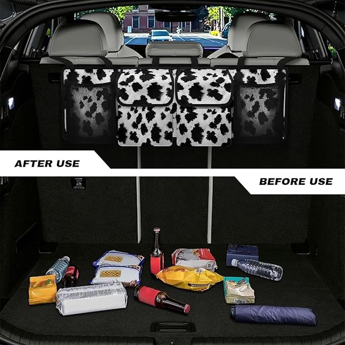 Cow Pattern Car Trunk Organizer and Storage Backseat Hanging Cargo Bag Seat Back Car Organizer Storage Bag with 4 Pockets 3 Adjustable Straps