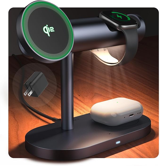iVANKY 4 in 1 Qi2 Certified Wireless Charger Stand for iPhone 17e, Night Light for MagSafe Charging Station, 25W Charge for iPhone 17/16/15/14/13 Plus/Pro/Max,Apple iWatch, Airpods (with 33W Adapter)