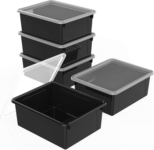 Storex Letter Size Deep Storage Tray – Organizer Bin with Non-Snap Lid for Classroom, Office and Home, Black, 5-Pack (62543A05C), 10 x 13 x 5 Inches