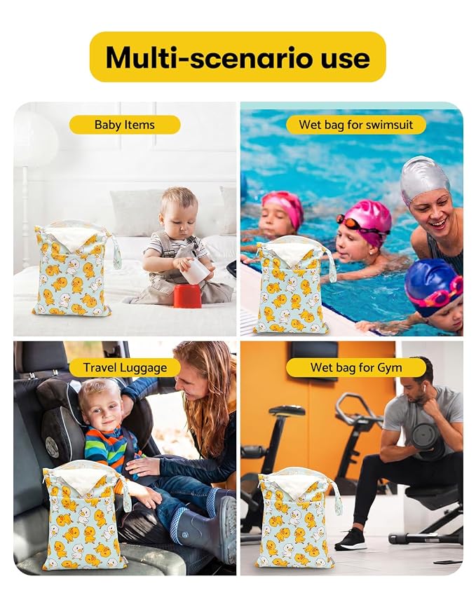 ALVABABY 3 pcs Cloth Diaper Wet Dry Bags Waterproof Reusable with Two Zippered Pockets Travel Beach Pool Daycare Soiled Baby Items Yoga Gym Bag for Swimsuits or Wet Clothes Small Medium Large 3L-SML20