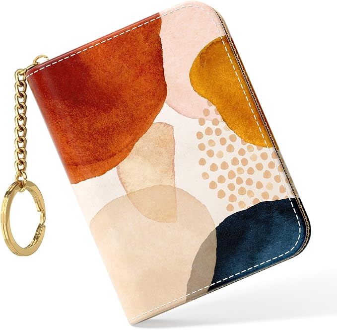 Nipichsha Credit Card Holder, Small RFID Card Wallet for Women, Slim Leather Card Holder Wallet, Credit Card Wallet Organizer, Pocket Business Card Case with Zipper & Keychain, Simple Abstract Art