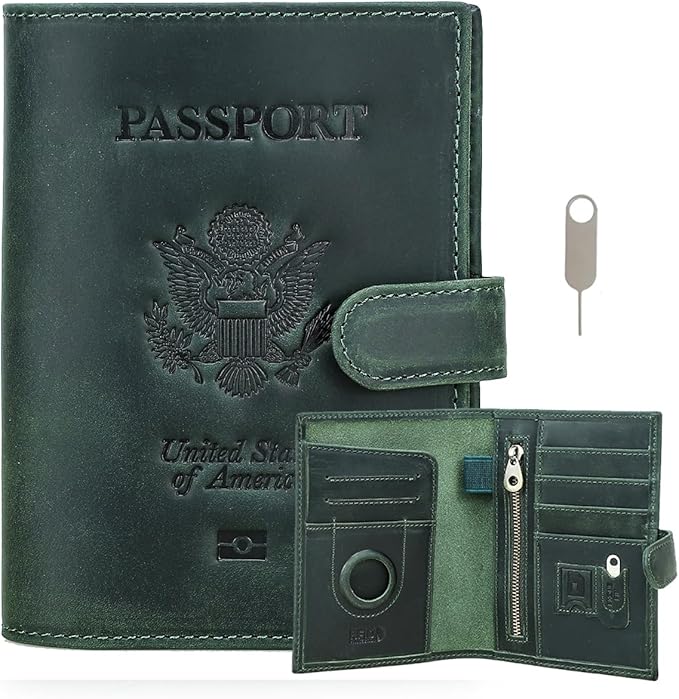 CONTACTS Full Grain Leather Passport Holder Compatible with Airtag RFID Blocking Passport Wallet for Men Travel Passport Cover with SIM Card Removal Tool (Badge, Green)