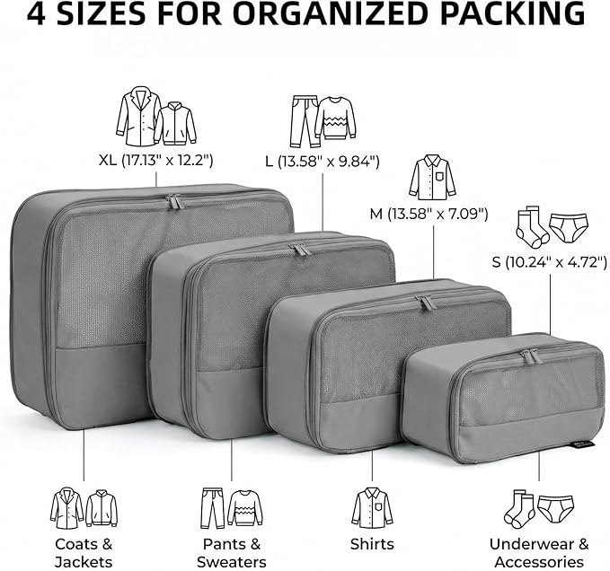 4 Piece Compression Packing Cubes for 3–7 Day Travel, Space Saving Travel Organizers with Breathable Mesh, Double-Zipper Packing Cubes for Carry-On & Suitcases (Silver)