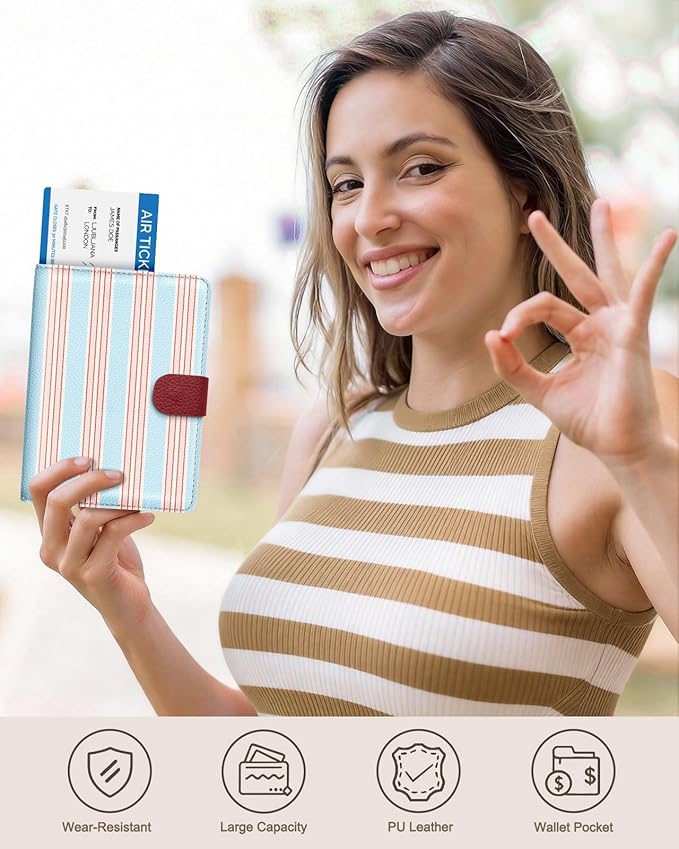 Slohif Passport Wallet Holder Cover for Travel - Women Men RFID Blocking Passport Book Case Protector, Blue Cute Stripe Leather Personalized Organizer Slim Carrier Boarding Pass Cards Slots