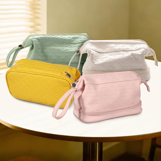 Abiudeng Large Capacity Makeup Bag Ladies Cosmetic Bag Travel Bag with Compartments Portable PU Leather Travel Makeup Bag with Handle