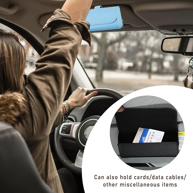 Augeny Sunglasses Holder for Car Sun Visor, Leather Auto Eyeglasses Storage Case with Hidden Magnetic Closure, Protective Glasses Organizer Box, Vehicle Visor Accessories for Woman Man (Sky Blue)