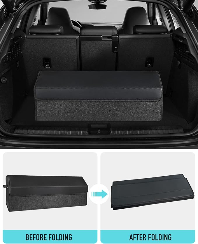 Fyzeoty Car Organizers for Trunk for Suv Sedan, Leather Storage Box,Extra Large,Magnetic Lid,Collapsible and Adjustable, S004, Black