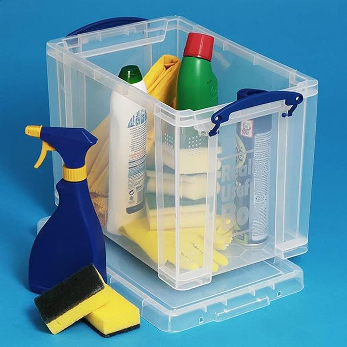 Really Useful Box 19 Liter Plastic Stackable Storage Container with Snap Lid & But-in Clip Lock Handles for Home or Office Organization, Clear