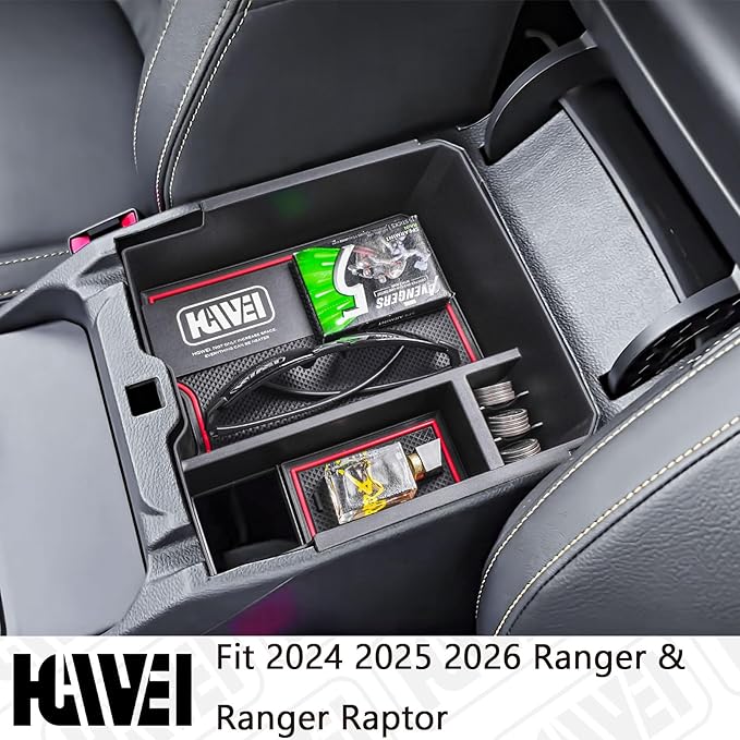 HGWEI Center Console Organizer Tray Compatible with 2024 2025 2026 Ford Ranger & Ranger Raptor Interior Accessories, Coin Container Armrest Storage Box(Electric handbrake Version), Red