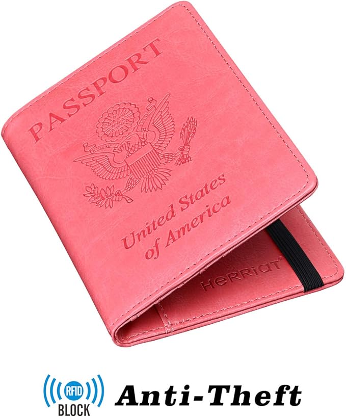 HerriaT Leather Passport Holder Cover Case RFID Blocking Travel Wallets Card Case for Women Men(Pink)
