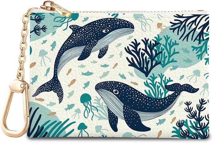 Whale Aesthetic Keychain Coin Purse for Women, Small PU Leather Change Pouch, Zipper Little Tiny Travel Wallet for Girls, Cute Kawaii Zip Pocket Coin Holder with Key Ring