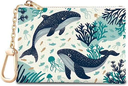 Whale Aesthetic Keychain Coin Purse for Women, Small PU Leather Change Pouch, Zipper Little Tiny Travel Wallet for Girls, Cute Kawaii Zip Pocket Coin Holder with Key Ring