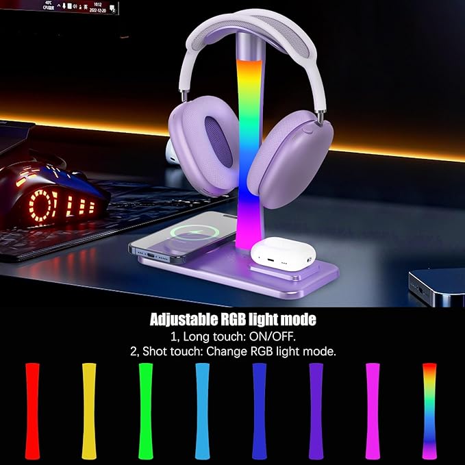 Headphone Stand with Wireless Charger,Gaming Headset stand with RGB Light,For Airpod Max Stand Compatible with Airpod Pro/3/2,For iPhone 17/16/15/14/13/12/11,Gifts for Gamers & Music Lover (Purple)
