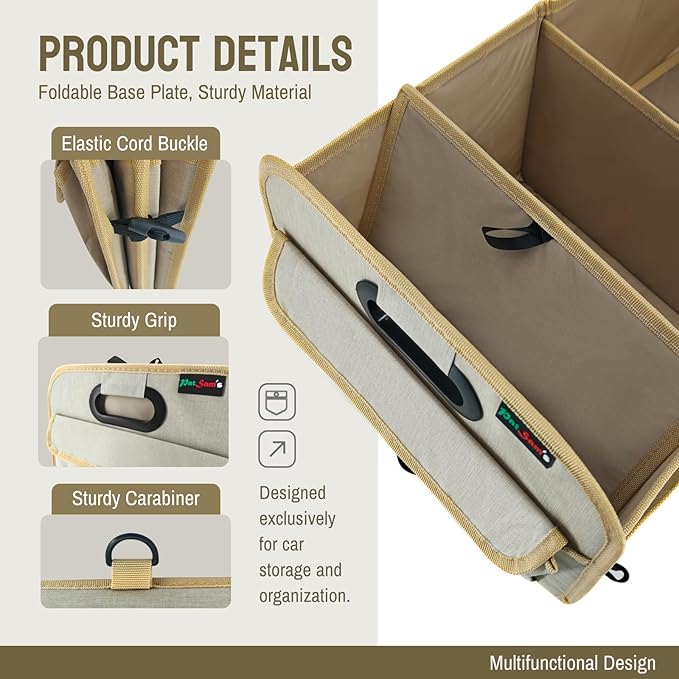 PAT SAM'S Trunk Organizer for SUV, Foldable Car Storage Organizer with Dividers, Waterproof Oxford, Collapsible Car Storage Box with Pockets for Grocery, Tools, Travel (Beige)
