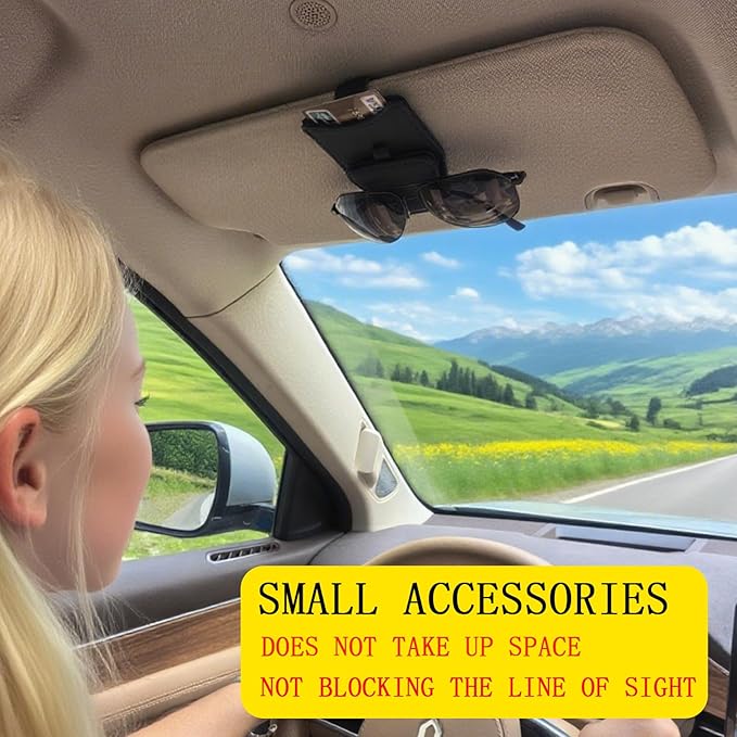 2 Pack Universal PU Leather Car Visor Sunglasses Holder Magnetic Clip for Eyeglasses and Cards One-Handed Access Organizer Fits Most of Car SUV Trucks Pickup Interior Accessories (Black - 2pcs)