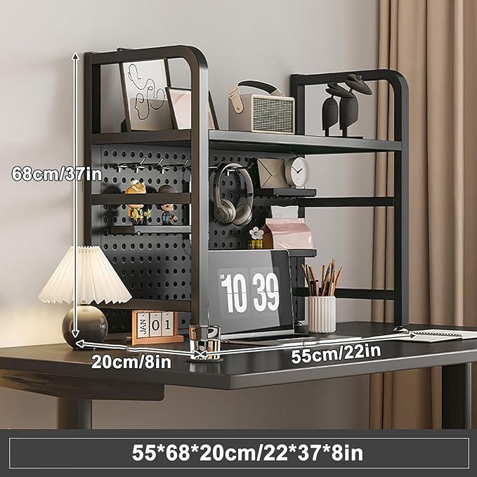 Desk Extender, Desk Organizer Shelf, Peg Doard Display Stan, Load Bearing Capacity 50kg/110lb, Desk Extender Pegboard Workstation, for Table Accessories(Black,55x68x20cm/22x27x8in)