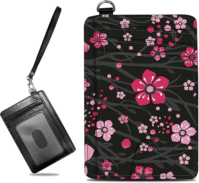 Small Travel Wallets, Pink Cherry Blossom Slim Minimalist Front Pocket Wallet with Wristlet, RFID Blocking PU Leather Credit Card Holder with ID Window Change Purse for Men Women