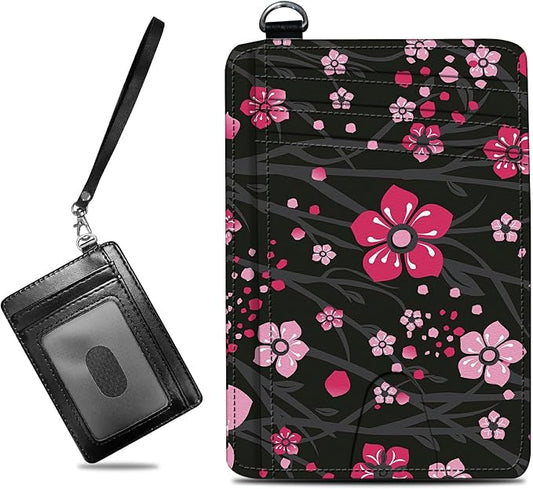 Small Travel Wallets, Pink Cherry Blossom Slim Minimalist Front Pocket Wallet with Wristlet, RFID Blocking PU Leather Credit Card Holder with ID Window Change Purse for Men Women