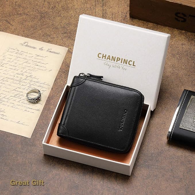 Mens Genuine Leather Zipper Wallet RFID Secure Large Capacity Double Fold Multi-card Leather Wallets for Men and coin purse