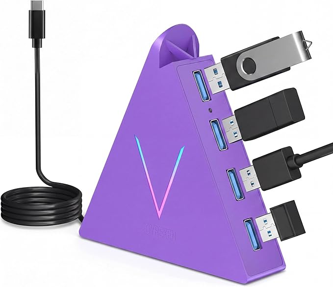 USB C Hub,USB Hub Tower with 2FT Extended Cable,Type C to USB 3.0 4-Port Splitter Adapter for MacBook, iMac, Laptop, Surface, XPS, Flash Drive, Keyboard, Mouse, HDD (2ft, Dark Purple
