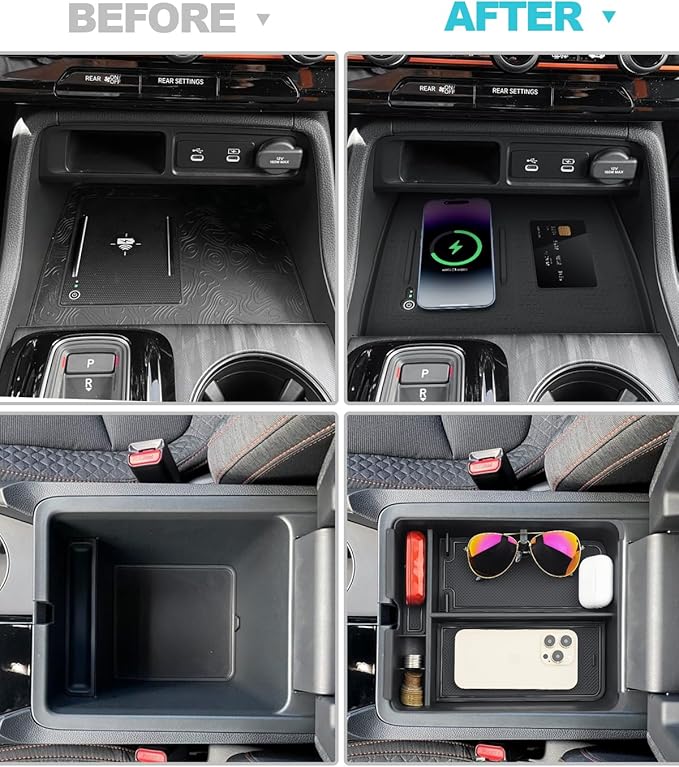 CDEFG 4Pcs for 2026 Honda Passport Center Console Organizer, for 2023 2024 2025 2026 Honda Pilot Accessories Middle Console Divider Storage Box & Armrest Tray & Wireless Charging Cover & Cup Holder