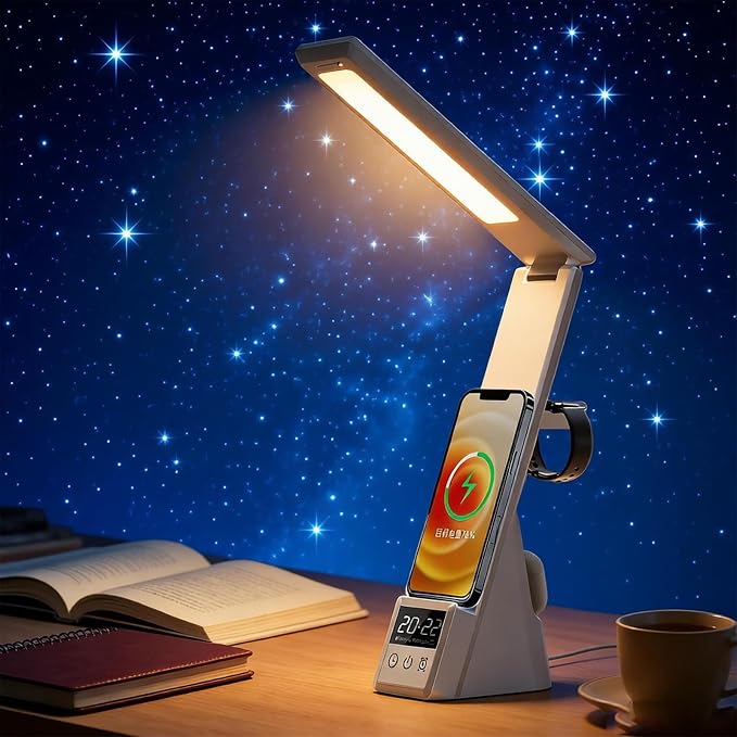 AYI Multi-Functional Wireless Charging Lamp with LED Display, Alarm Clock, 3 Color Light Modes, Foldable & Portable, 15W Fast Wireless Charger Stand for Smartphones, Smartwatches, Earbuds, N61 White.