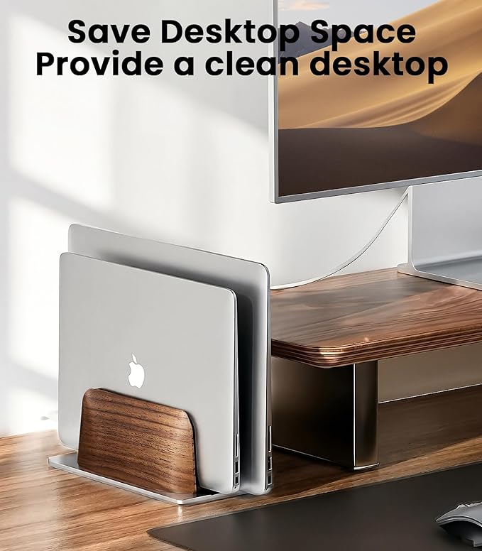 Vertical Laptop Stand, [Dual Slot Wooden + Aluminum Laptop Holder], Desktop Adjustable MacBook Stand, Adjustable Base, for MacBook Pro/Air, (up to 17.3-inch All laptops)
