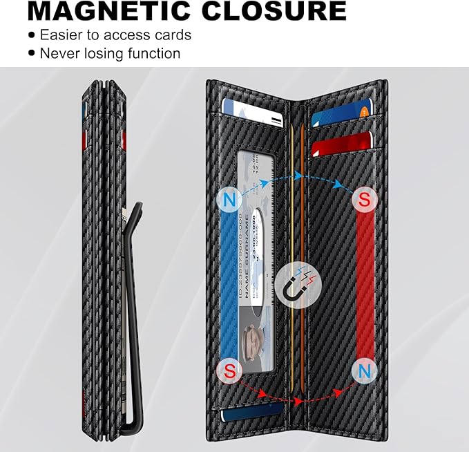 Wallet for Men 14-16 Cards, Men's Leather Wallet, Minimalist Thin Card Holder RFID Blocking Money Clip with Simplified Bill Folder & Magnetic Closure, Gifts for Men, Carbon Fiber