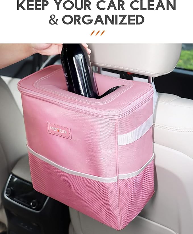 HOTOR 3 Gallons Car Trash Can, Ultra Large Capacity Organizer and Storage with Adjustable Straps & Magnetic Snaps, Waterproof Car Accessory for Interior Car Stuff Storage, Pink