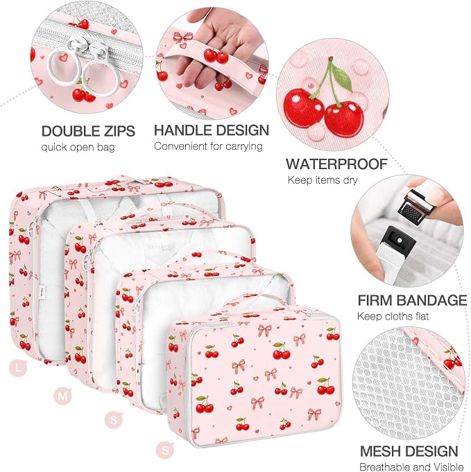 Packing Cubes for Travel,8 Set Luggage Organizer Bags with Mesh Top Panel, Lightweight Suitcase Organizers for Carry On, Family Vacation, Business Trip(Cherry Bows)