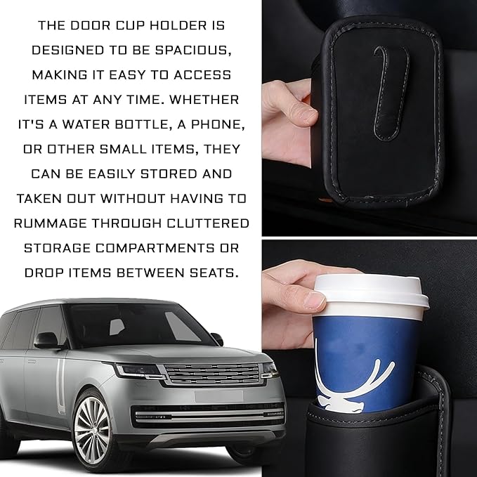 2 PCS Leather Car Door Cup Holder, Clip On Backseat & Side Door Beverage Organizer, Waterproof Scratch-Resistant Multifunctional Storage for Cup Phone Change, Universal for Cars Trucks (Black)