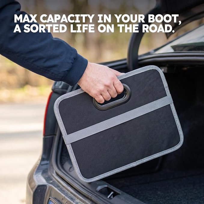 50L Car Trunk Organizer, Heavy-Duty 600D Oxford Collapsible Storage Box with 3-Compartments & Securing Straps, Foldable Organizer for SUV/Sedan/Truck, Car Accessories Storage