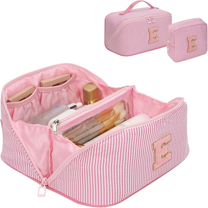 2026 Graduation Gifts - Travel Makeup Bag for Women, 2Pcs Portable Personalized Initial Makeup Organizer Bag, Open Flat Large Cosmetic Bag With Travel Essential Pouch (Pink Letter E)