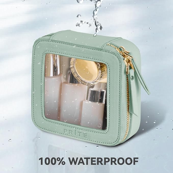 Prite Small Makeup Bag for Women Portable Clear Makeup Bag Cute Mini Waterproof Travel Cosmetic Bag with Gold Zipper for Car Essentials(Green)