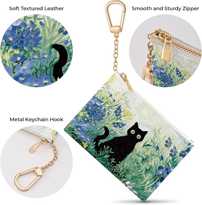 Black Cat Art Painting Keychain Coin Purse for Women, Small PU Leather Change Pouch, Zipper Little Tiny Travel Wallet for Girls, Cute Kawaii Zip Pocket Coin Holder with Key Ring