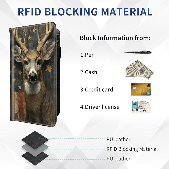 DEGDFSGR Checkbook Cover PU Leather Checkbook Covers for Women for Duplicate Checks, Check Book Covers with RFID Blocking Function for Personal Checkbook, Old American Flag And Deer